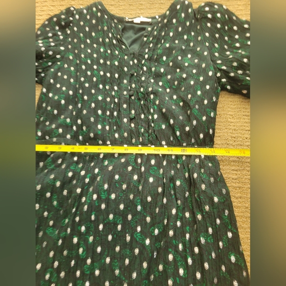 LOFT metallic foil pattern emerald green silver festive party dress puff sleeve - Picture 9 of 15